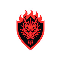Fiery red dragon head in shield logo design