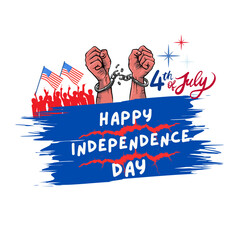 4th of July USA Independence Day Vector &ndash; Chained Hands with Fireworks, Flag and Crowd Silhouette 