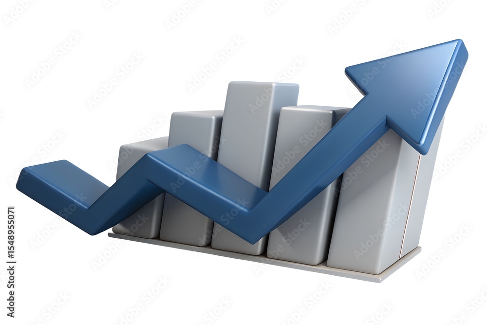 Poster 3d render of a bar graph with upward trending arrow