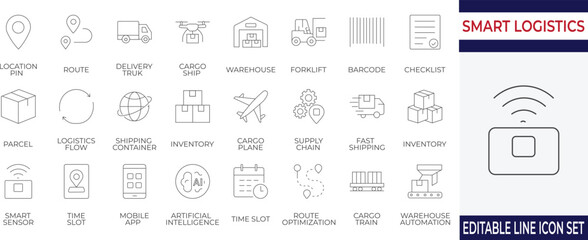 A curated line icon set highlighting modern smart logistics and supply chain operations. Perfect for transport, inventory, shipping, and warehouse management visuals.