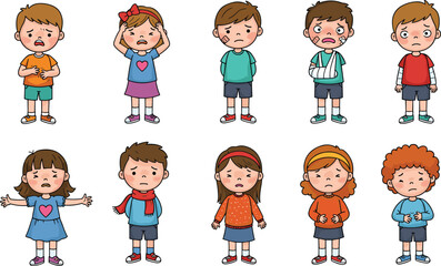 Sick kids vector illustration, sad children in pain, cartoon style emotions, unwell boys and girls with illness, injury, fever, stomachache, crying, medical clipart for health design