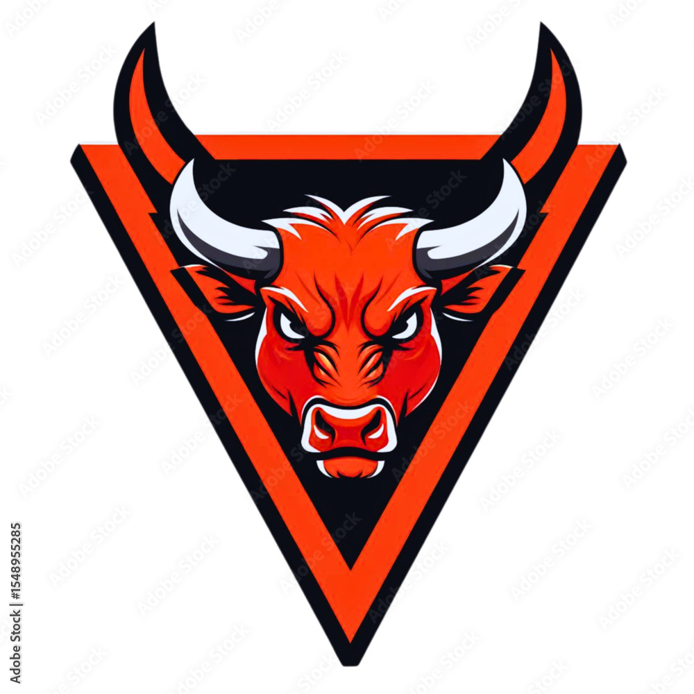 Poster aggressive red bull head mascot emblem with fierce expression and sharp horns inside a triangle on b