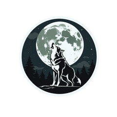 A majestic wolf howls at a large full moon in a dark forest under a starry night sky