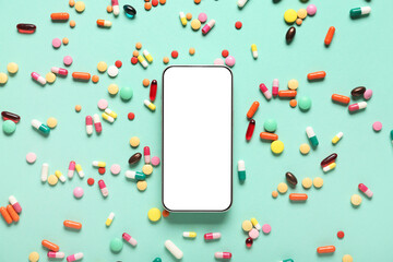 Mobile phone and scattered pills on turquoise background