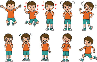 Cartoon boy showing different emotions, facial expressions set, child character feelings, cute emotional poses, emotion icons for kids, animated boy in various mood illustration, clipart pack