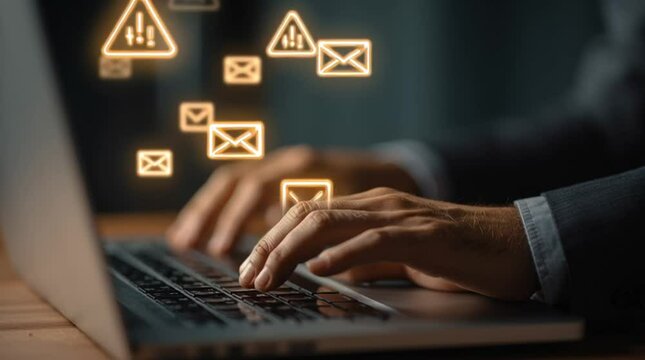 Digital Communication: The image features hands of a professional, deeply engaged in work at a laptop keyboard. Glowing digital icons suggesting the flow of information or potential risks.