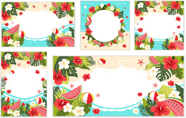 Set of summer sale banners with tropical flowers, leaves, watermelon, beach balls, sand and sea waves. Colorful vector templates for advertising, social media and promotions.