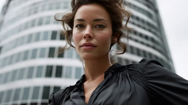 Close-up of a beautiful businesswoman in a black blouse with windblown hair, photographed from a low angle against a backdrop of skyscrapers and business centers.

