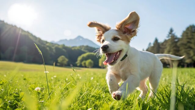 Playful Puppy Running in a Green Meadow