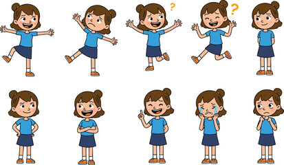 Cute cartoon girl with different emotions, character expressions set, emotional kid poses, educational illustration for learning feelings, vector graphics for school, posters, activities, and design