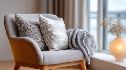 Ergonomic back cushion on tan armchair near sunlit window, soft fabric texture in focus, minimal cozy home office setting