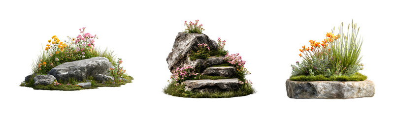 Set of Grass field rocky with flower podium flowers grass arrangement isolated on transparent background, in PNG format, cut out