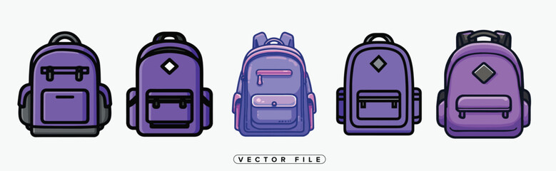 Five Purple Backpack Designs Vector Illustration Set