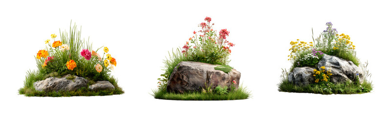 Set of Grass field rocky with flower podium flowers grass arrangement isolated on transparent background, in PNG format, cut out