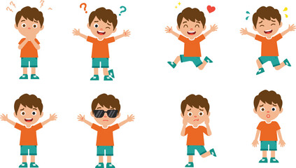 Cartoon boy character showing multiple emotions, facial expressions, happy, confused, sad, surprised, cute illustration, emotional child, vector clipart for kids content, learning material