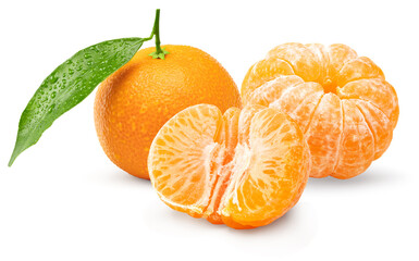 mandarin with green leaf isolated on white background. clipping path