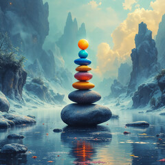 Serene stacked stones in a winter mountain landscape