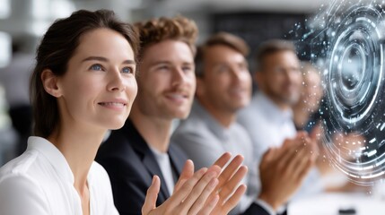 corporate meeting room with digital interface overlay, diverse professionals discussing strategy, close-up on expressive faces, pointing hands, and focused eyes
