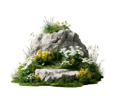 Grass field rocky with flower podium flowers grass arrangement isolated on transparent background, in PNG format, cut out