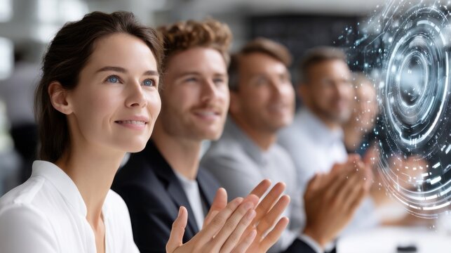 corporate meeting room with digital interface overlay, diverse professionals discussing strategy, close-up on expressive faces, pointing hands, and focused eyes