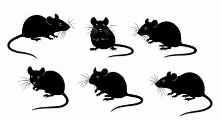 A collection of six black silhouette illustrations of mice in various poses on a white background