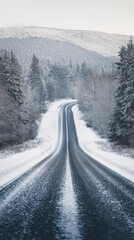 Snowy winter road winding through a forest with colorful leaves in the background