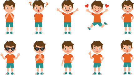 Cartoon boy character, emotional expressions, happy child, sad kid, thinking boy, vector illustration, character animation, cute emotions, children’s mood set, emoji style, kids reaction pack