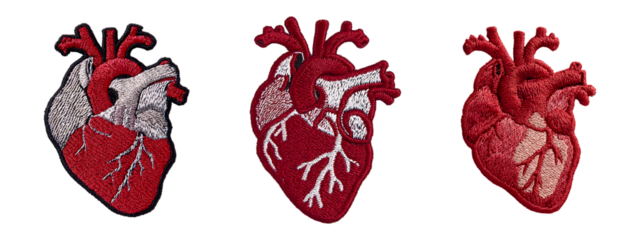 Set of Embroidered patch of anatomical heart isolated on transparent background, in PNG format, cut out