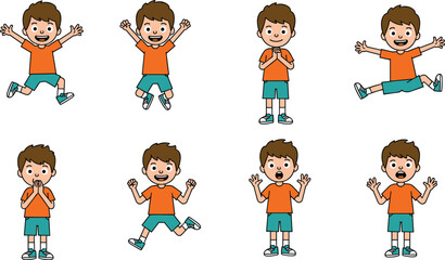 Cartoon boy character with various expressions, kids emotion illustration, jump and surprise poses, animated child vector, happy sad shocked mood, playful young boy clipart design