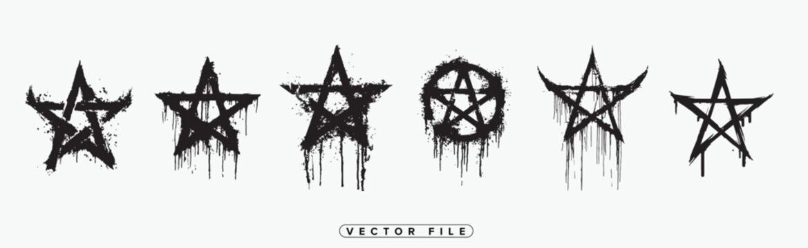 Set of grunge style pentagrams with dripping effect