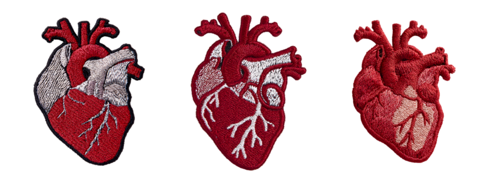 Set of Embroidered patch of anatomical heart isolated on transparent background, in PNG format, cut out