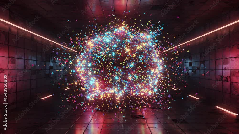 Canvas Prints abstract glowing sphere of particles in a dark tiled room with neon lights futuristic explosion ener