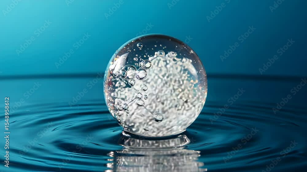 Poster Abstract Liquid Sphere Resting on Rippling Water Surface With Blue Tones and Intricate Droplets Inside in Macro