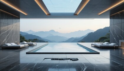 luxurious infinity pool with mountain view in modern architectural setting at dusk