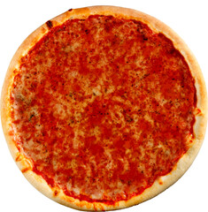 A round pizza topped with tomato sauce and melted cheese, ready to be served.