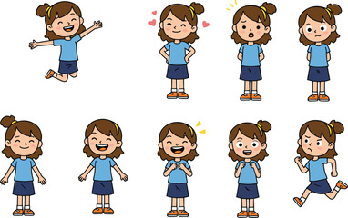 Cute cartoon girl character expressions, emotional child clipart set, joyful happy pose, angry face, sad mood, vector illustration for kids emotion, animation, comic, school use