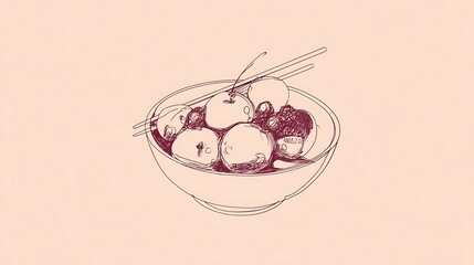 Hand drawn illustration of cherries in a bowl with chopsticks.