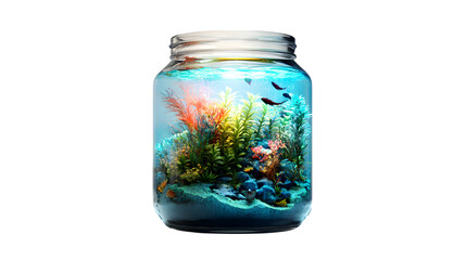 Photorealistic render of a glass jar containing a miniature, bioluminescent deep-sea ecosystem, glowing anglerfish and flora, isolated on Transparent background