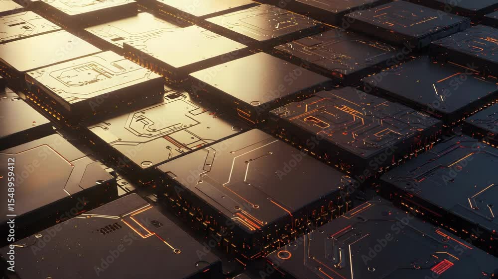 Poster digital cubes with golden circuitry abstract technology background
