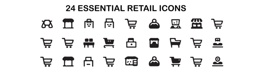 Shopping, retail icon set. Vector glyph pictograms of store, cart, cashier, bag, storefront, e-commerce, business, marketplace management black silhouette illustration. 
