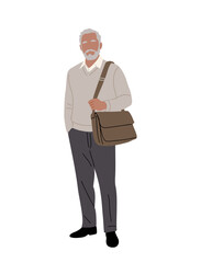 Vector illustration of a senior man in smart casual clothes standing with a laptop bag, isolated on transparent background. Perfect for business, lifestyle, and active aging concepts