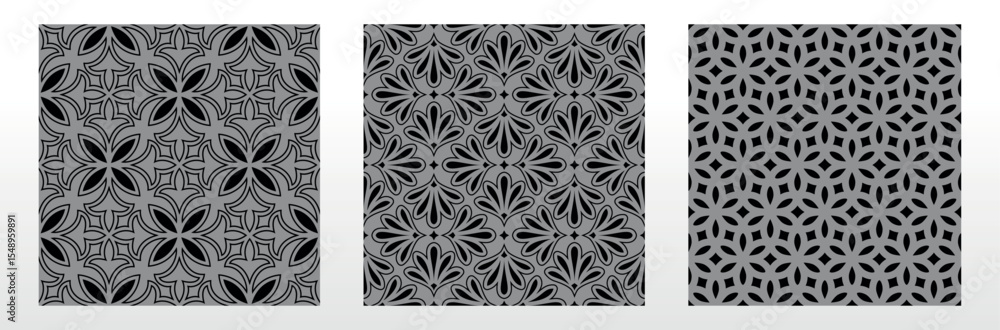 Poster geometric floral set of seamless patterns. gray and black vector backgrounds. damask graphic ornamen
