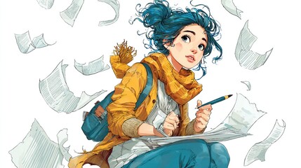 Young woman,  with teal hair and orange scarf, sits amidst papers,  drawing