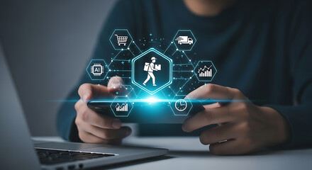 Person Using Smartphone for Delivery Service Management with AI and Data Analytics for Business Growth and Efficiency