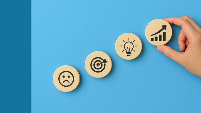  Hand placing final disc with growth icon at the end of a visual journey from sadness to success, illustrated with sequential emotion, goal, idea, and progress symbols on a blue background