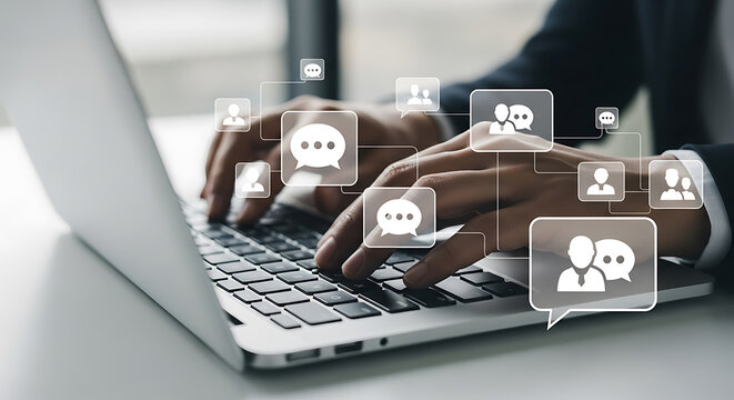 Hands Typing on Laptop with Communication Icons Overlaying Representing Social Media Networking and Online Interaction in Business