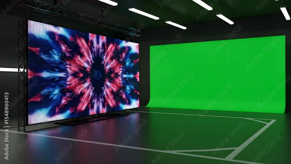 Poster modern studio with abstract led screen display and seamless green screen backdrop