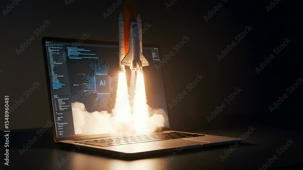 Poster rocket launching from laptop screen with artificial intelligence display in dark background