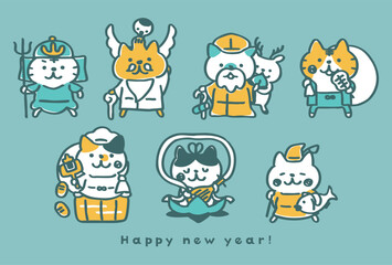 Fototapeta premium 七福神の格好をした猫の年賀状テンプレート＿七福猫②青