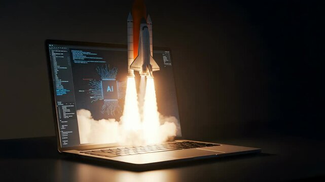 Rocket Launching from Laptop Screen with Artificial Intelligence Display in Dark Background